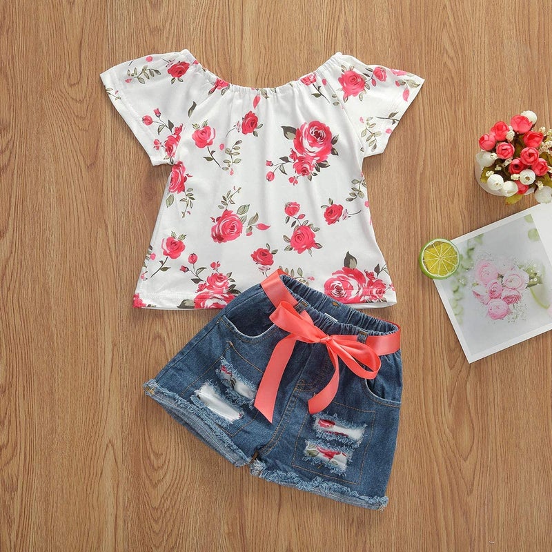 Bmnmsl Baby Toddler Girls Floral Short Sleeve Tops T-Shirt Vest & Denim Shorts Set Kids 1T 2T 3T 4T 5T 6T Clothes Summer Outfits (1, 4T) - Image 2